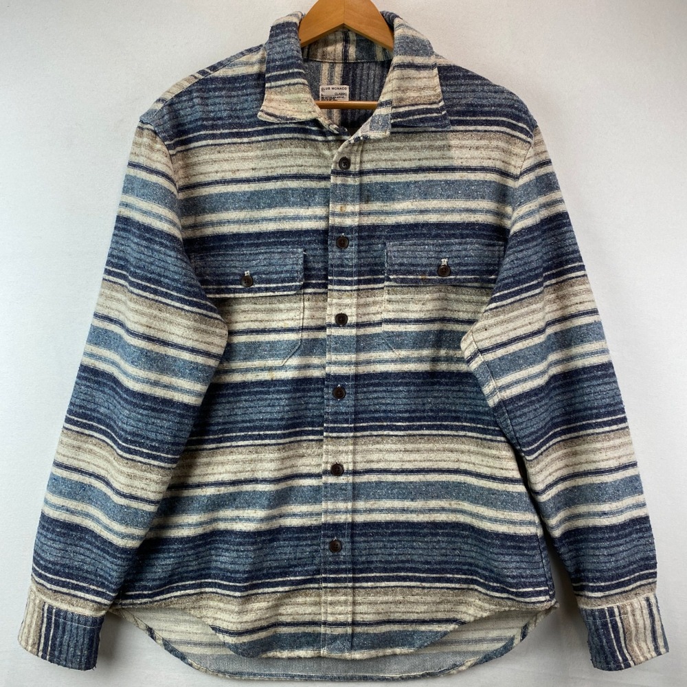 Club Monaco Classic Striped Button Down Mens L Blue Cotton Blend Flannel Style